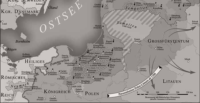 Mapa terenów państwa krzyżackiego historią Pojezierza Iławskiego